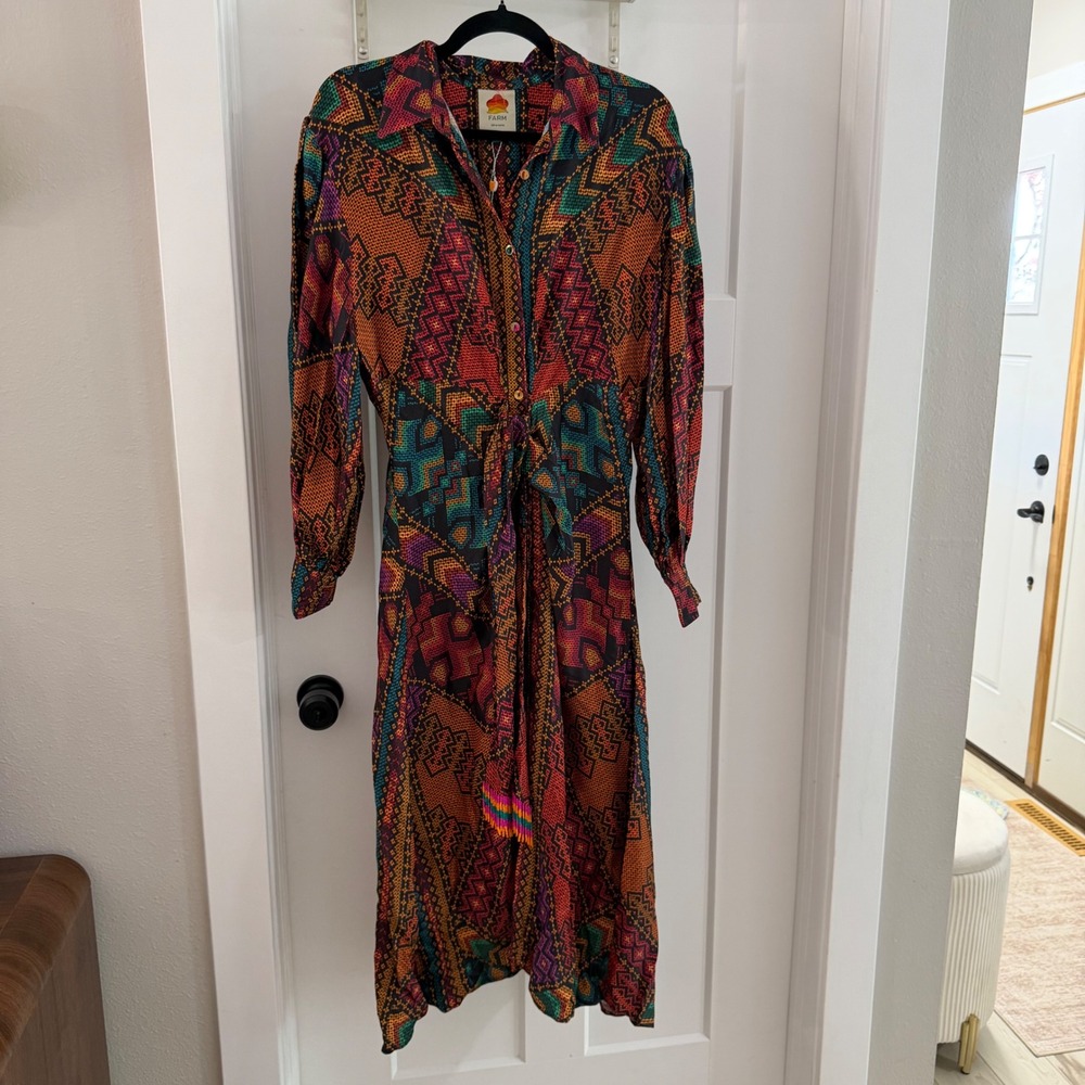 Farm Rio Yawanawa Stripes Bead-Embellished Printed Satin Midi Dress M NEW Boho
